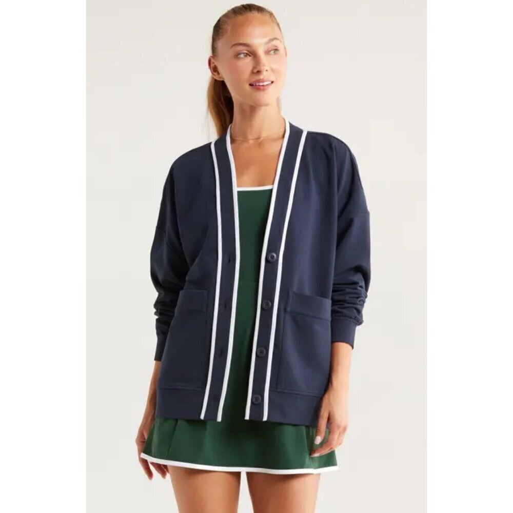 ZELLA x Recess Pickleball Courtside French Terry Cardigan Navy Sapphire Medium